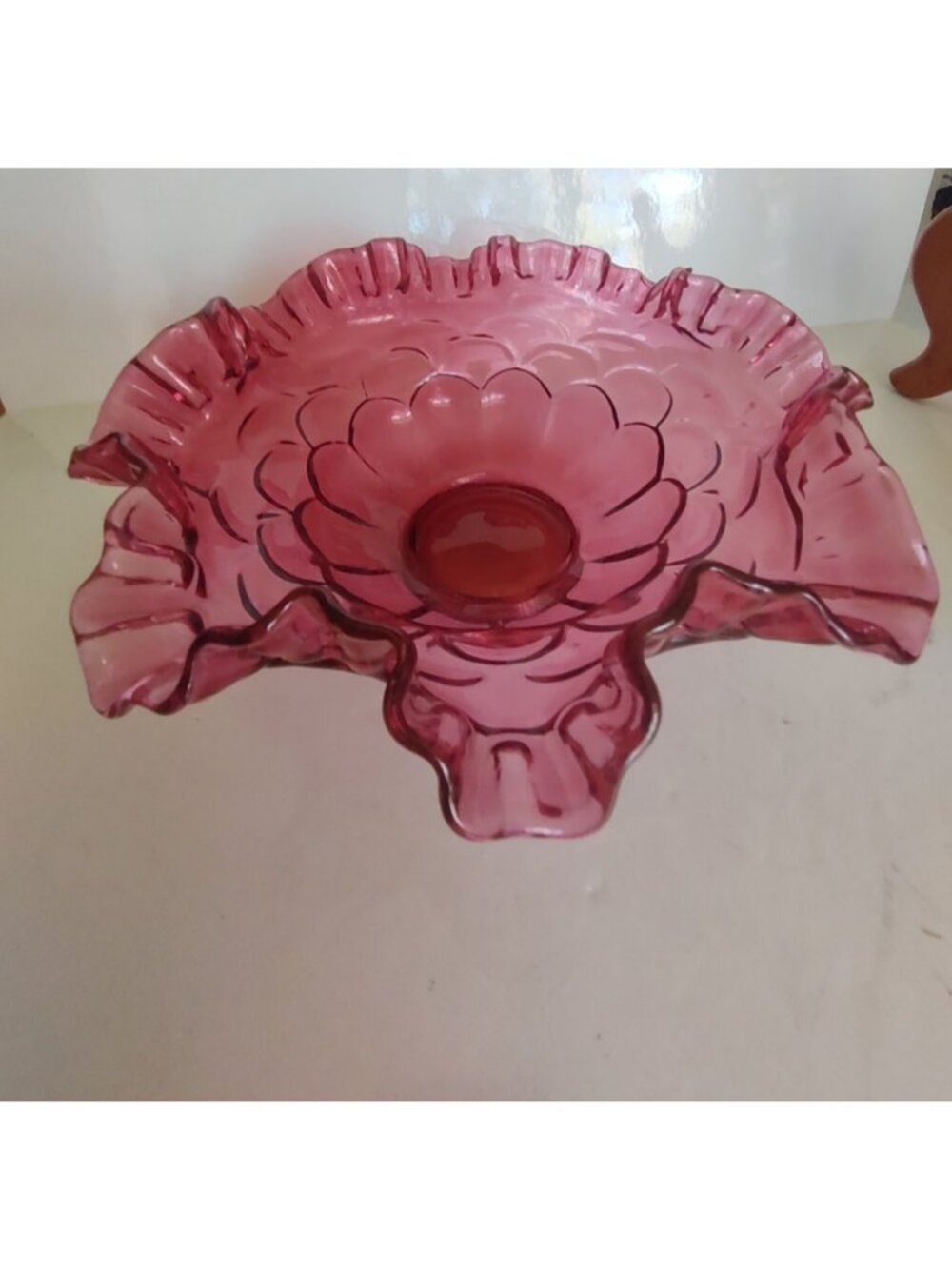 Fenton Art Glass Cranberry Bowl ruffled & crimped edge "Jacqueline" pattern